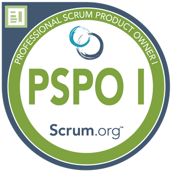 Badge with text „Professional Scrum Master I“.